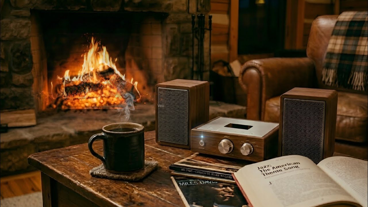 Jazz Music & Warm Fireplace | Cozy Cabin Room Ambience For Sleep & Focus