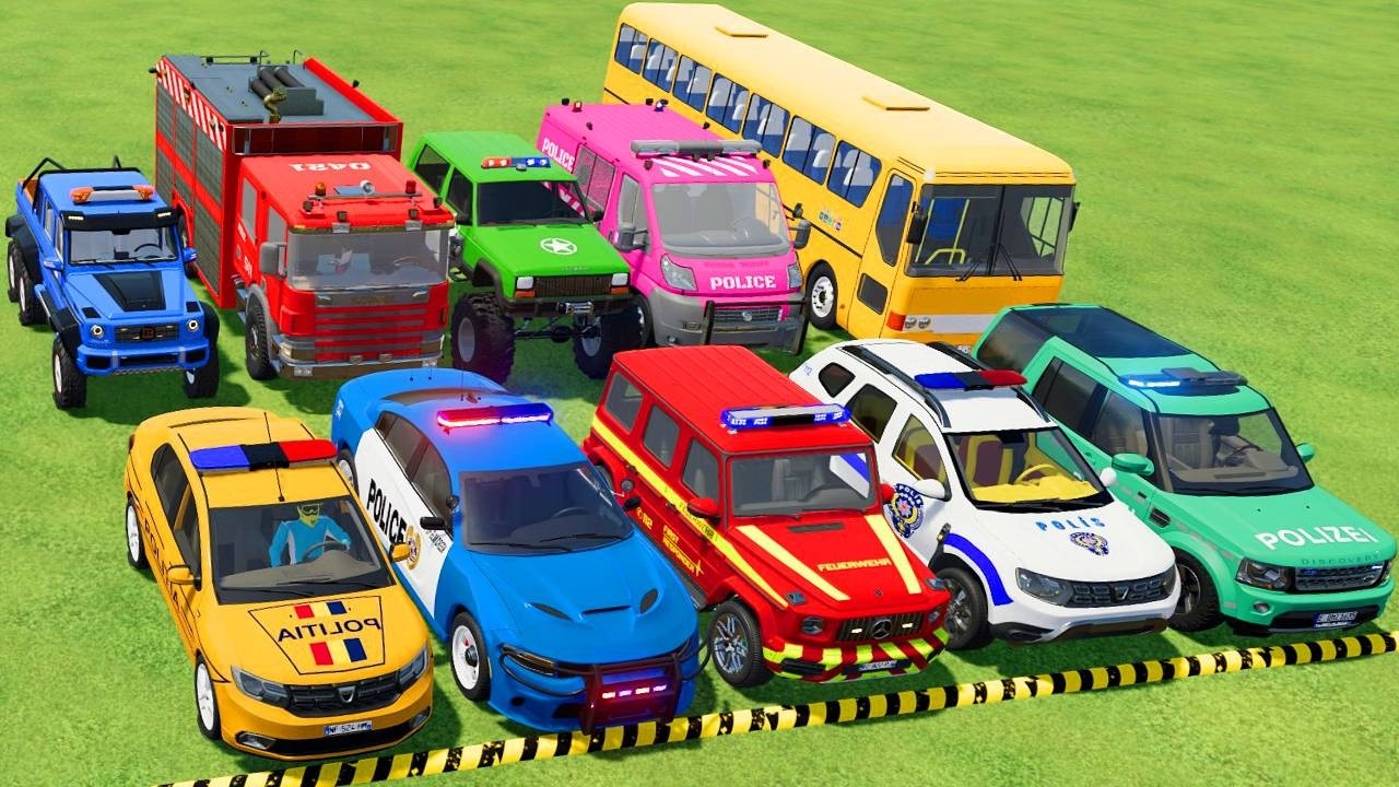 TRANSPORTING POLICE CARS, AMBULANCE, FIRE TRUCK, COLORFUL CARS WITH TRAIN -FARMING SIMULATOR 22!