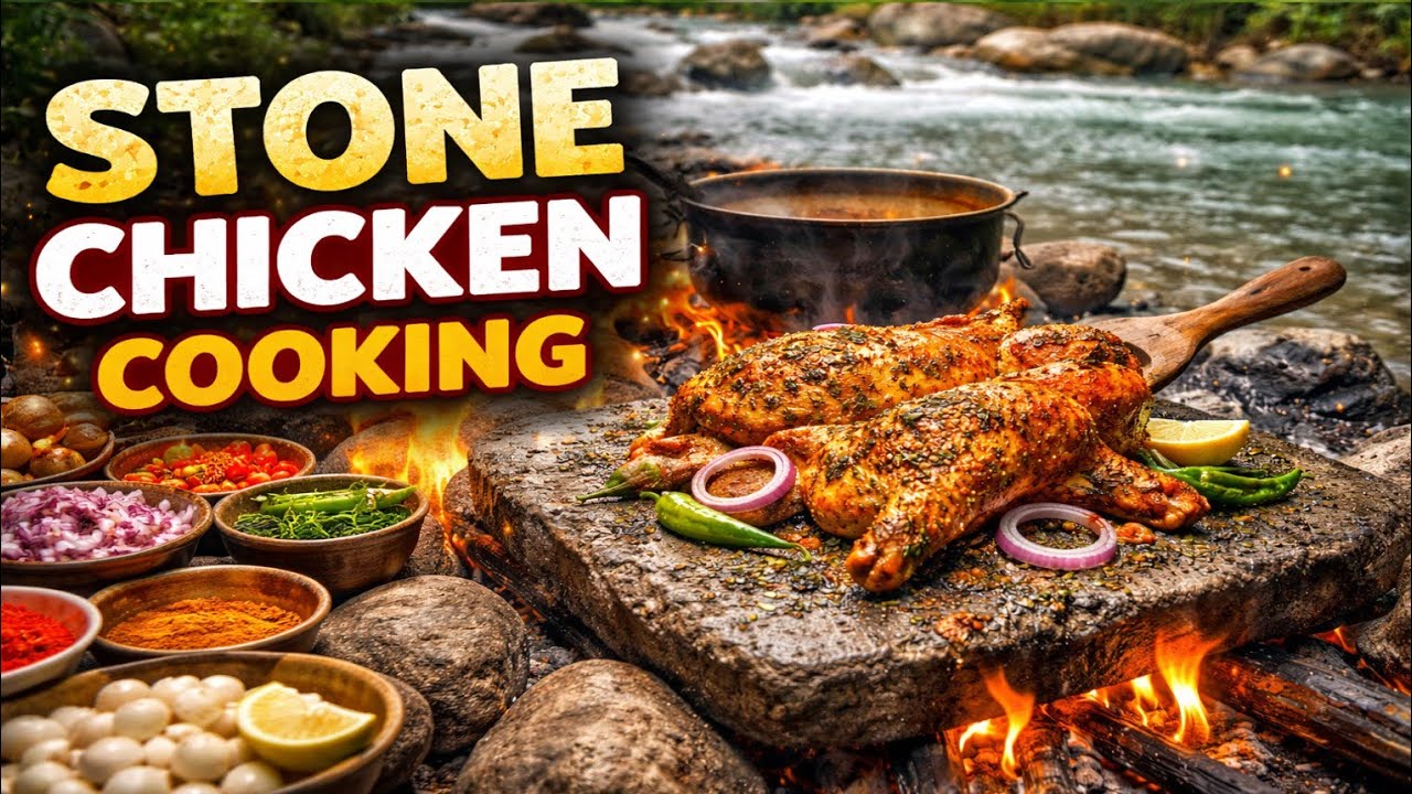 ASMR Chicken Cooking on Hot Stone | Primitive Stone Cooking Sounds
