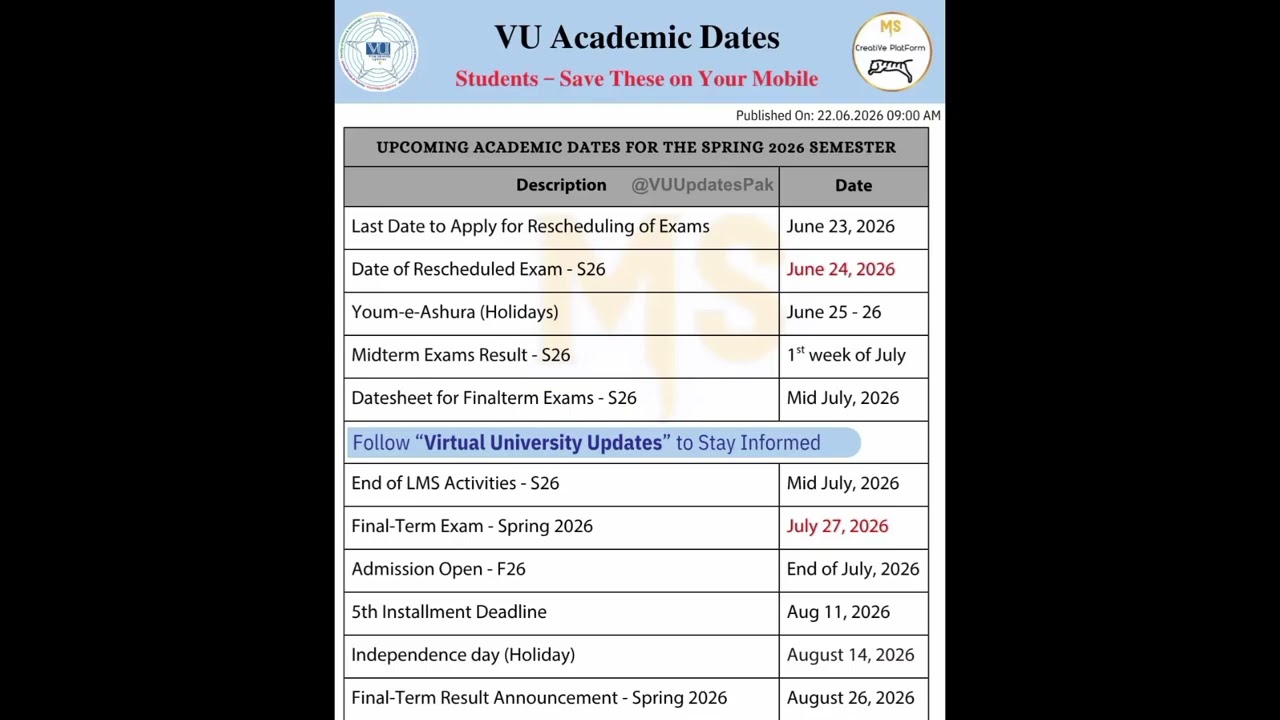 Vu academic calendar fall 2026