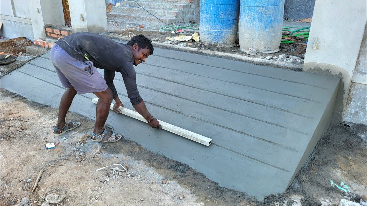 Ramp Plastering Techniques_ Front Gatewall Design Concrete Ramp Floor Plastering with Cement Mixer