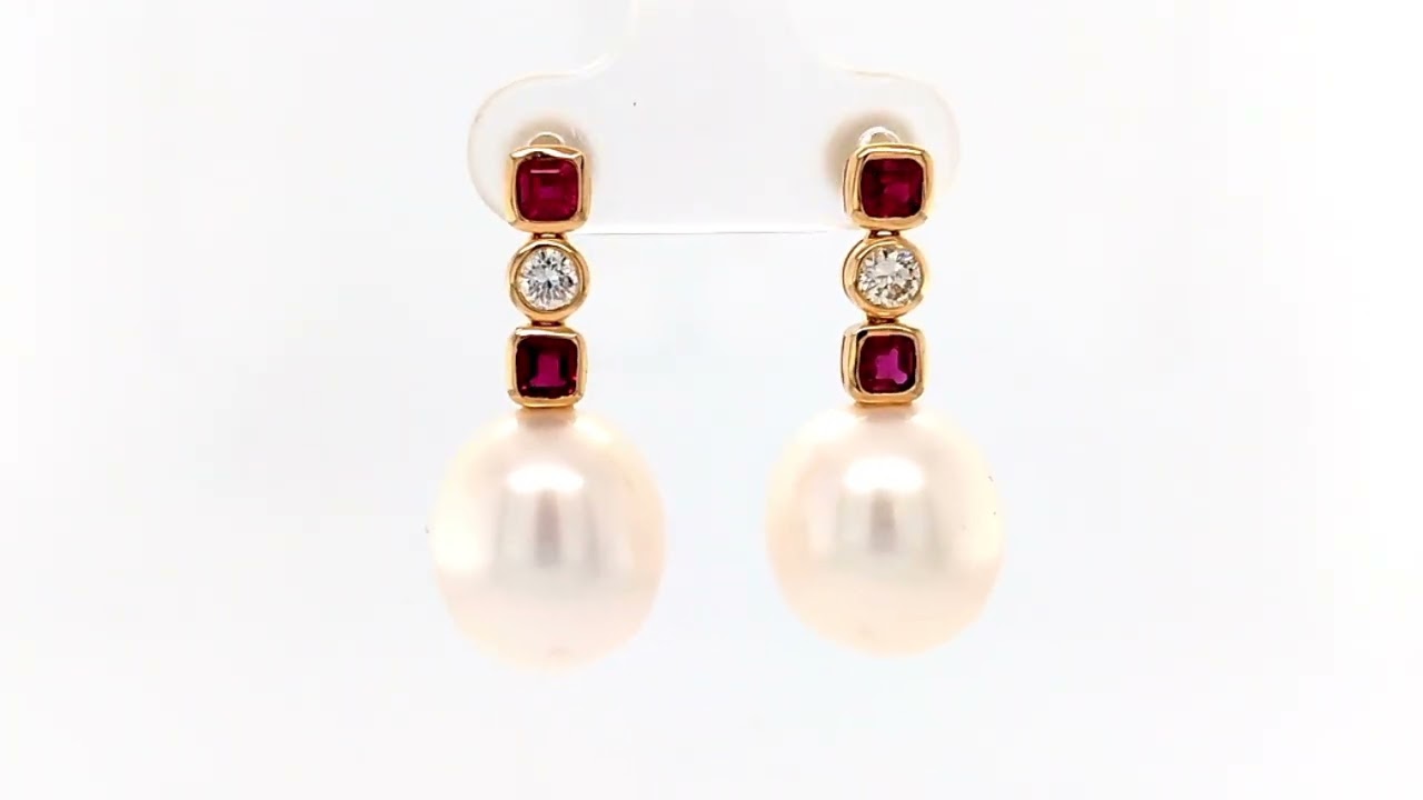 Ruby, Diamond and Pearl 14ct Gold Drop Earrings | Fei Liu Fine Jewellery