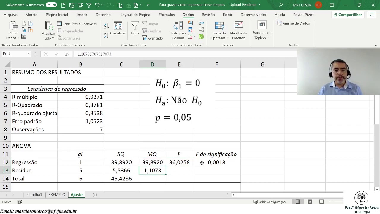 Ajuste de Regressão Linear simples no Excel