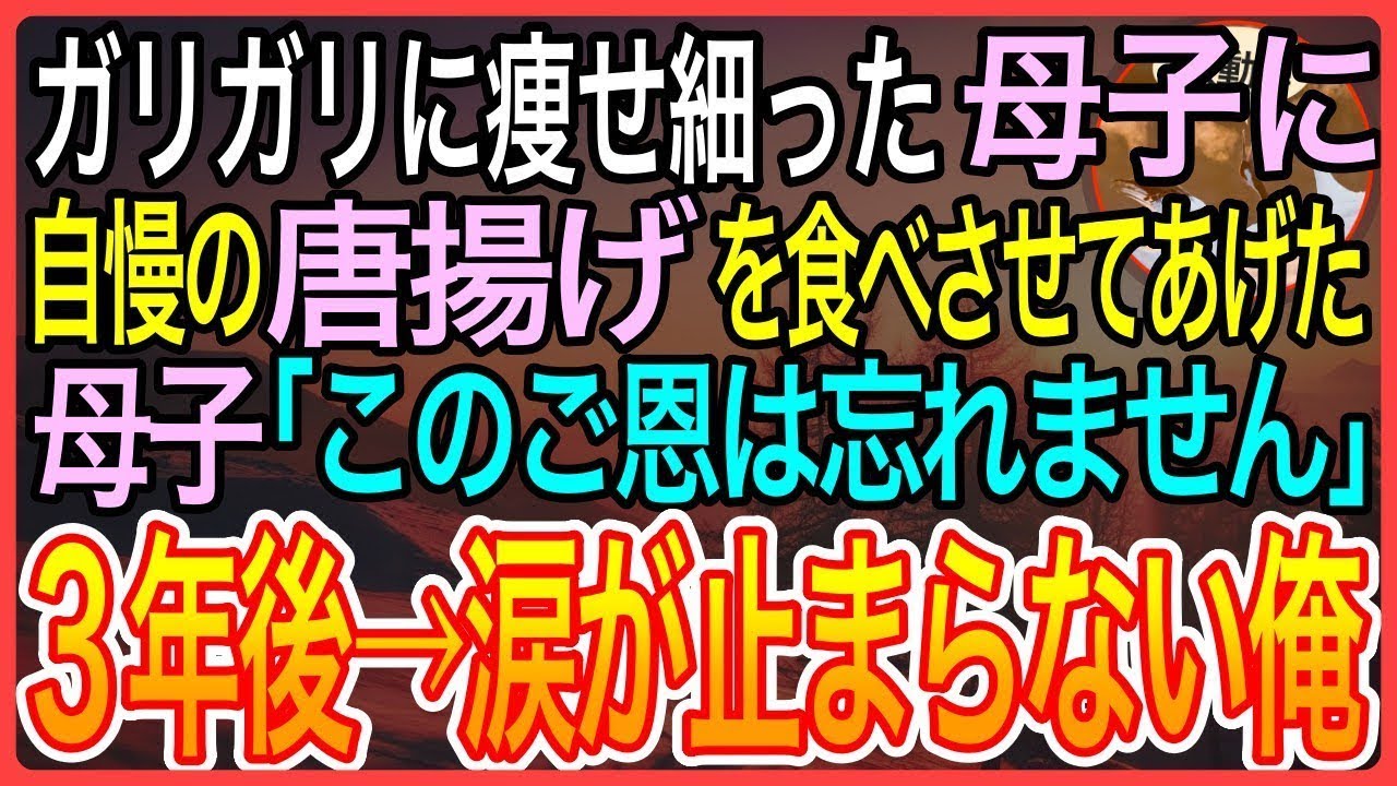 【感動】ガリガリに痩せ細った母子に自慢の唐揚げを食べさせてあげた母子「この御恩は一生忘れません」3年後→涙が止まらない俺【泣ける話】【良い話】