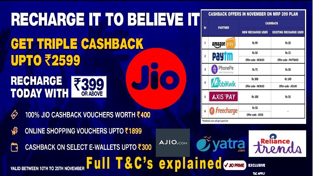 Reliance Jio Triple Cash back offer get upto ₹2599/- Recharge with ₹399 above plans T&c's in Telugu