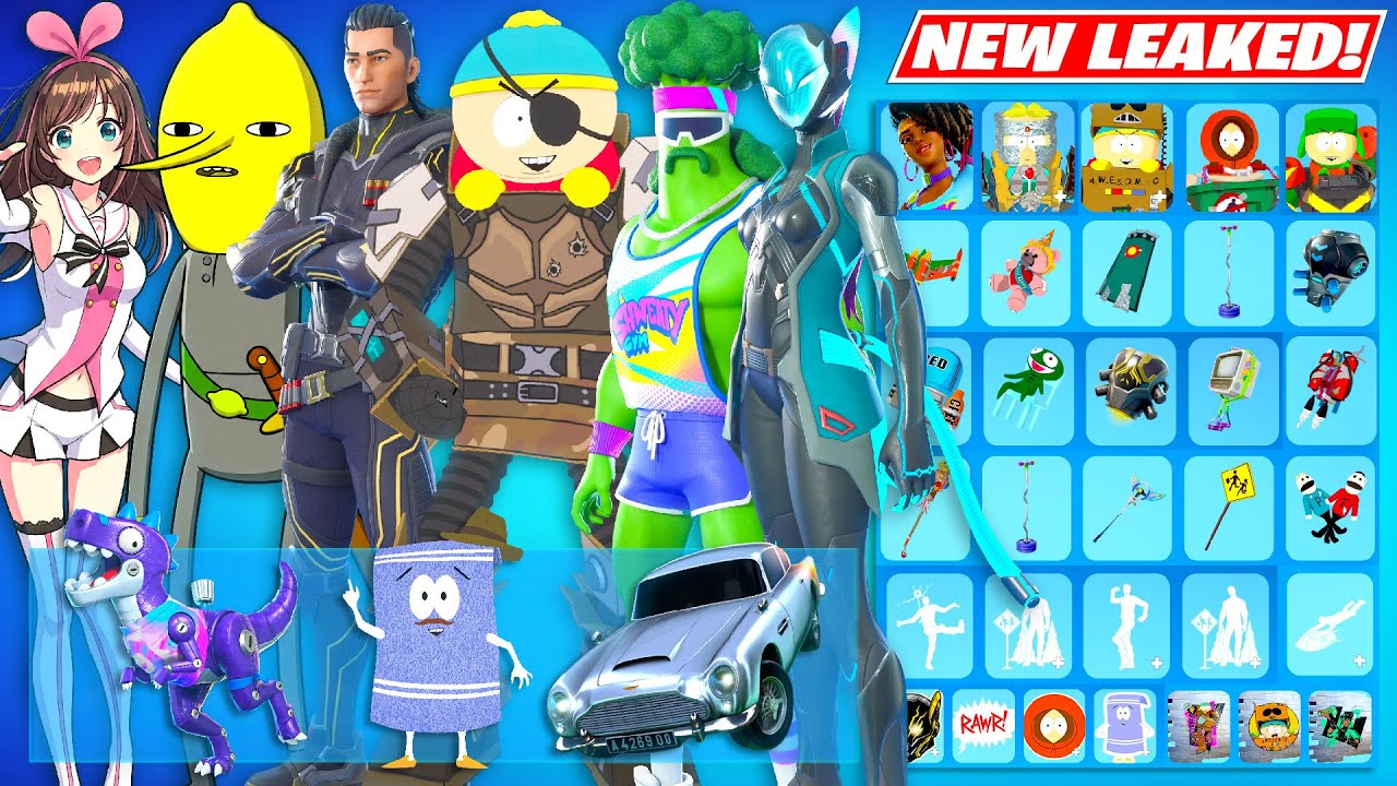 All NEW Fortnite UPDATE LEAKED Skins Showcase (South Park, FREE Pass, Kizuna AI, Adventure Time)