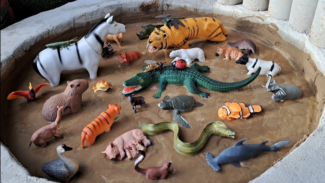 Animais de Plástico Presos na Lama Tigre Hiena Peixe Camelo Pangolim Raposa Sapo Vaca Rinoceronte