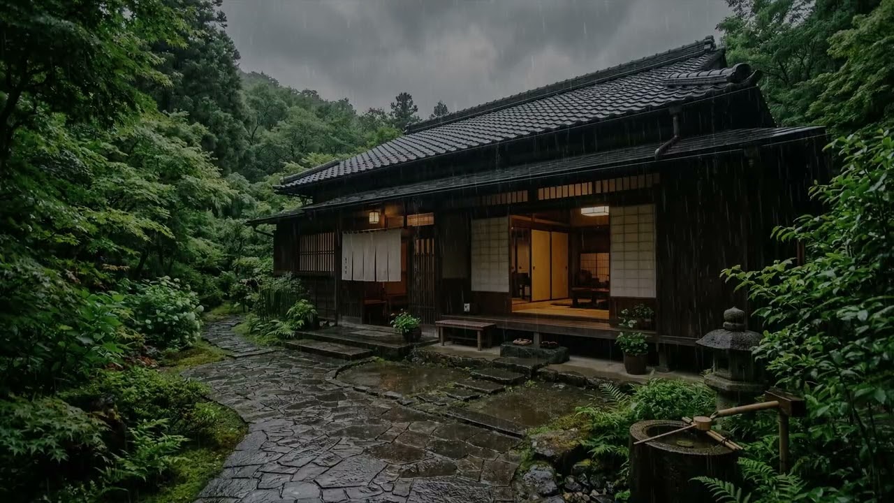 Peaceful Rain Falling Outside a Traditional Japanese Wooden House Surrounded by a Silent Garden
