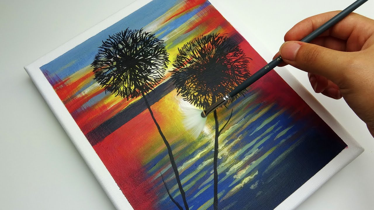 Acrylic Painting step by step | Sunset with Dandelion | Tutorial For Beginners #3