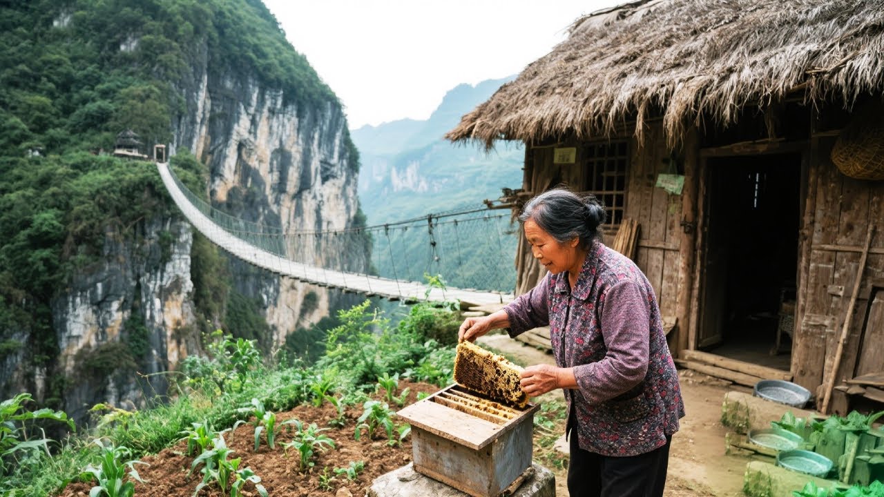 60岁阿姨独居在贵州大山凹陷地带，10米外就是万丈悬崖，种地养蜂怡然自得【乡村阿泰】