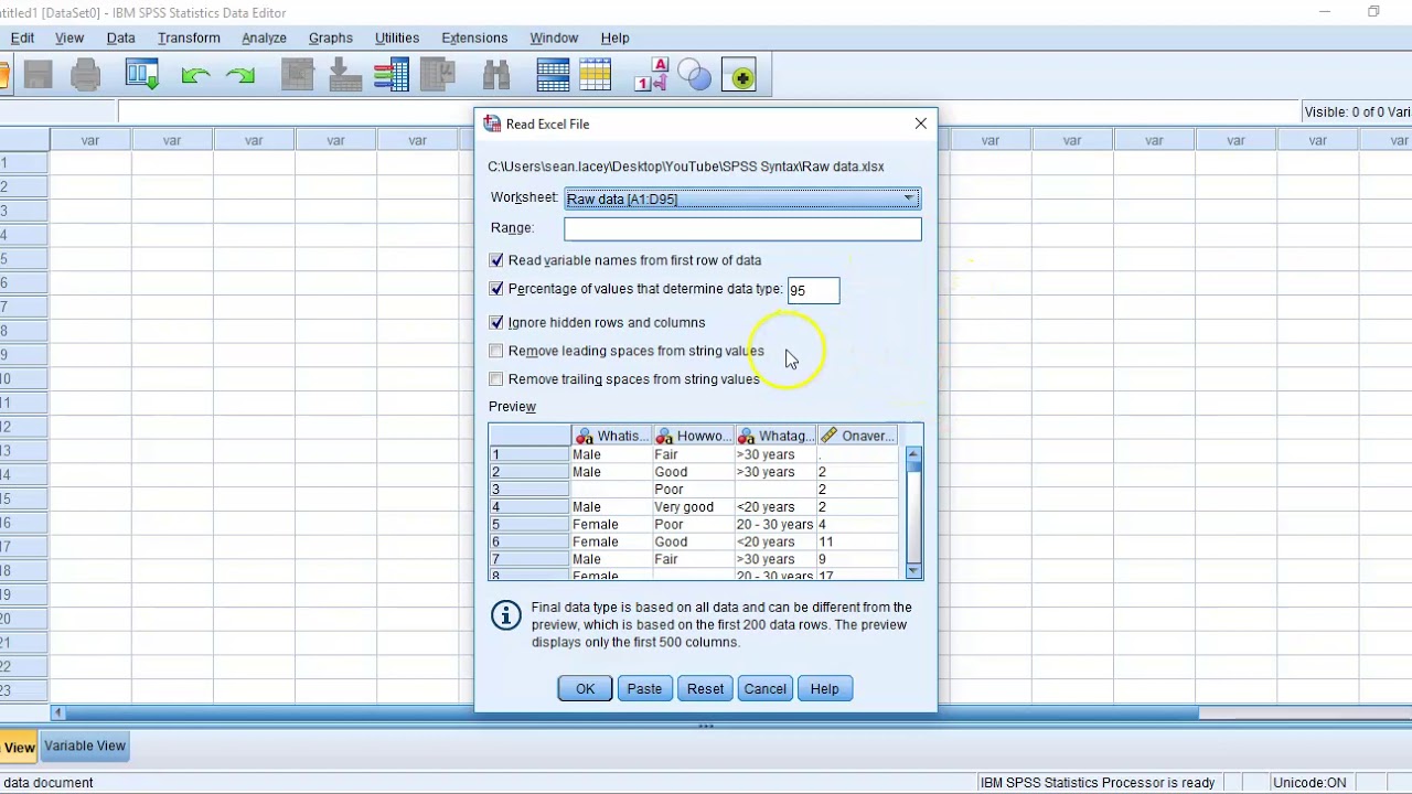 Importing data from Excel to SPSS using syntax.