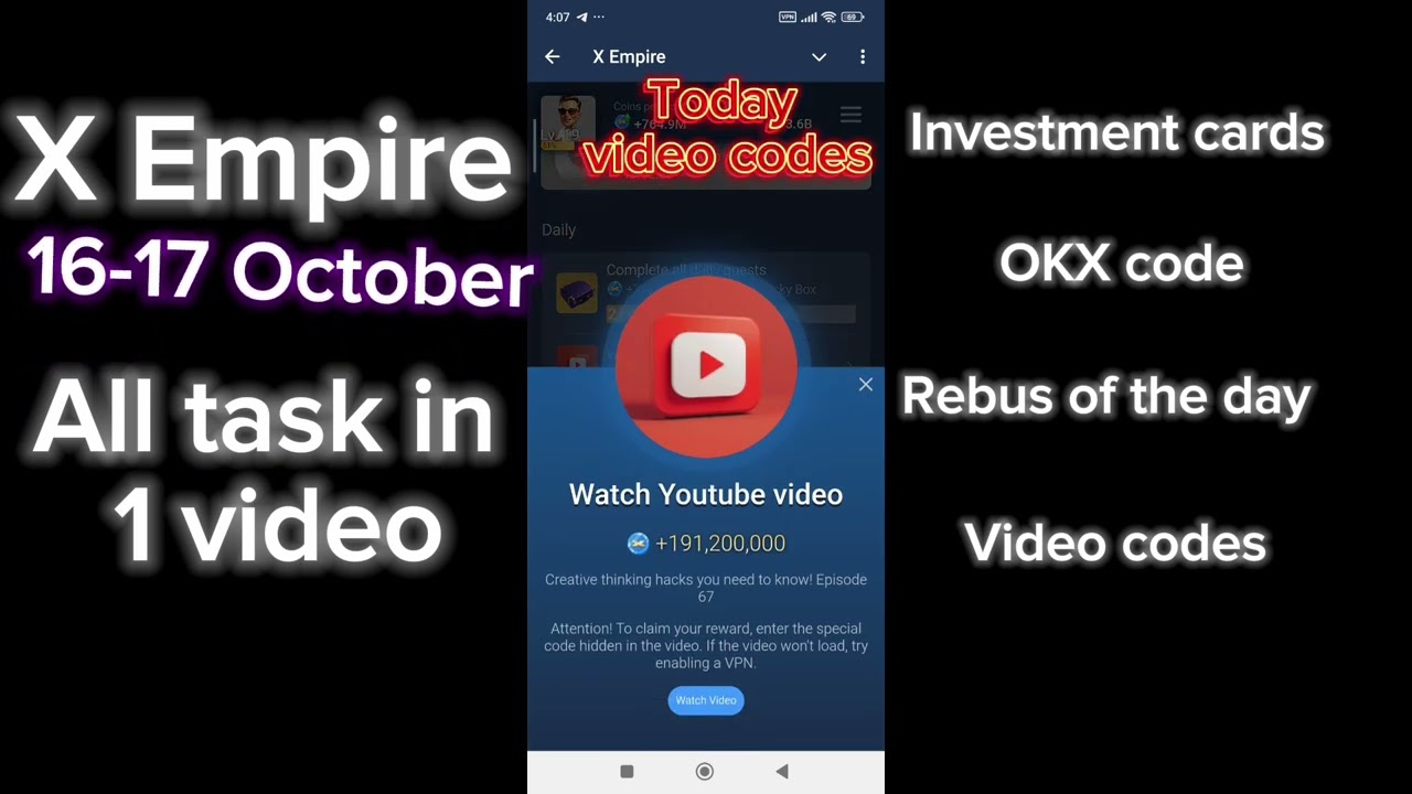 X Empire 16_17 October all task completed, Today investment funds, Rebus of the, Video codes 16 Oct