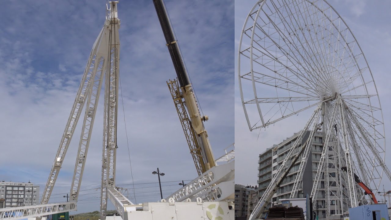Montage van grootste mobiele reuzenrad ,assembly of largest mobile ferris wheel 4K