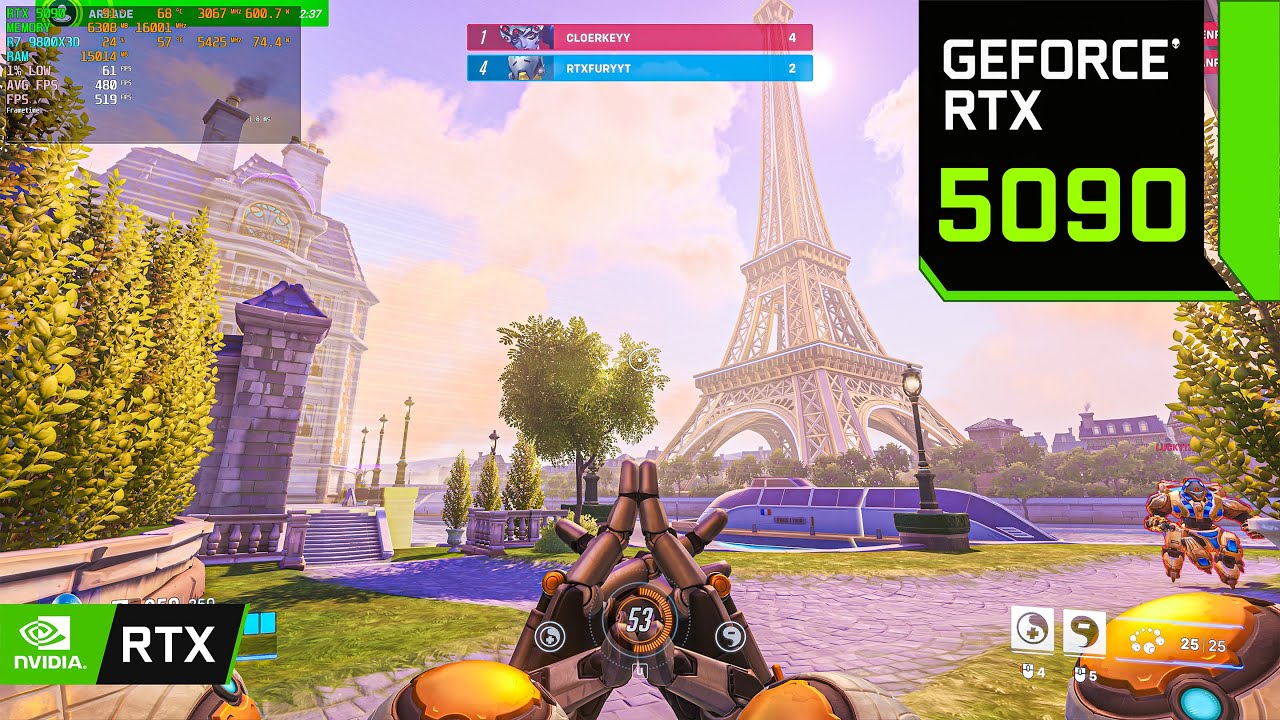 Overwatch 2: RTX 5090 | 500 FPS (максимальные настройки 4K, DLSS вкл.)