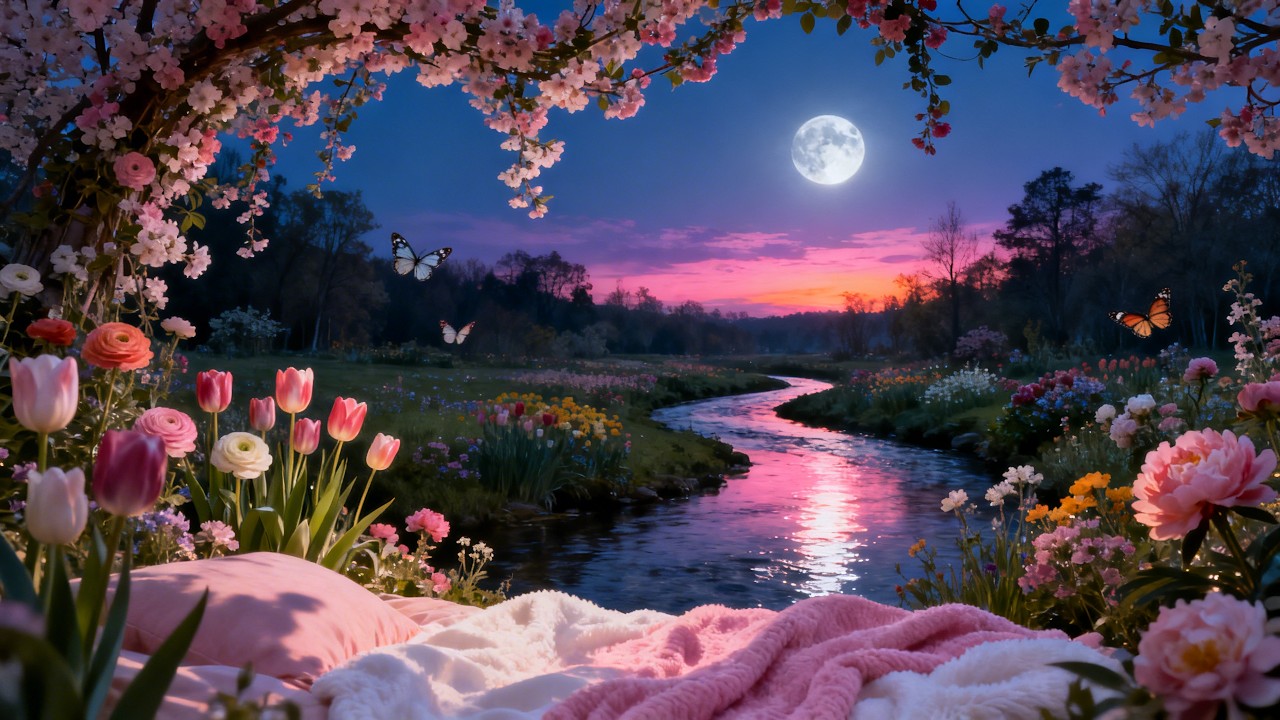 🌸🌙 Moonlit Spring River Garden ✨ Fall Asleep Fast with Healing Sleep & Meditation Music