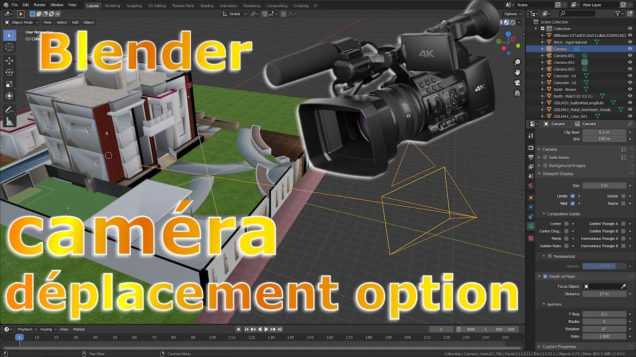 #7. blender déplacement caméra et options perspective, raccourci, flou.  Tuto en français.
