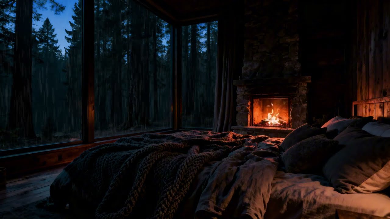 Forest Cabin After Midnight (No Ads) | Fireplace & Rain Sounds for Deep Sleep
