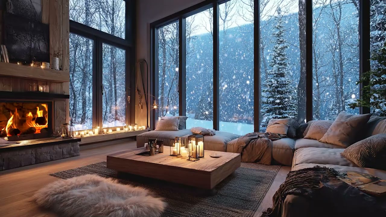 Snowy Cabin Fireplace Ambience 🔥❄️ Calm Piano Music for Study & Stress Relief