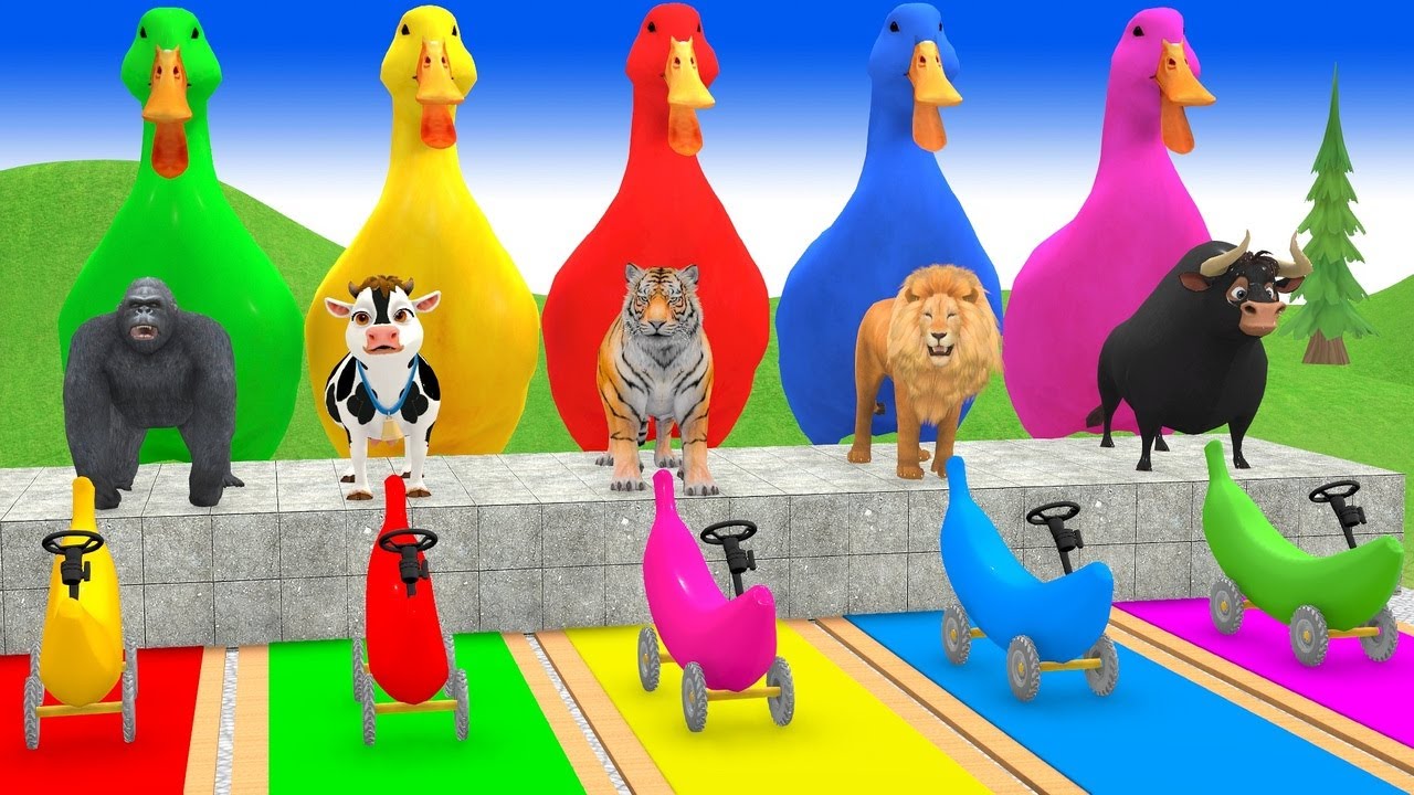 Long Slide Game with Cow Elephant Gorilla Hippopotamus Tiger 3d Animal Game Funny 3d Animals