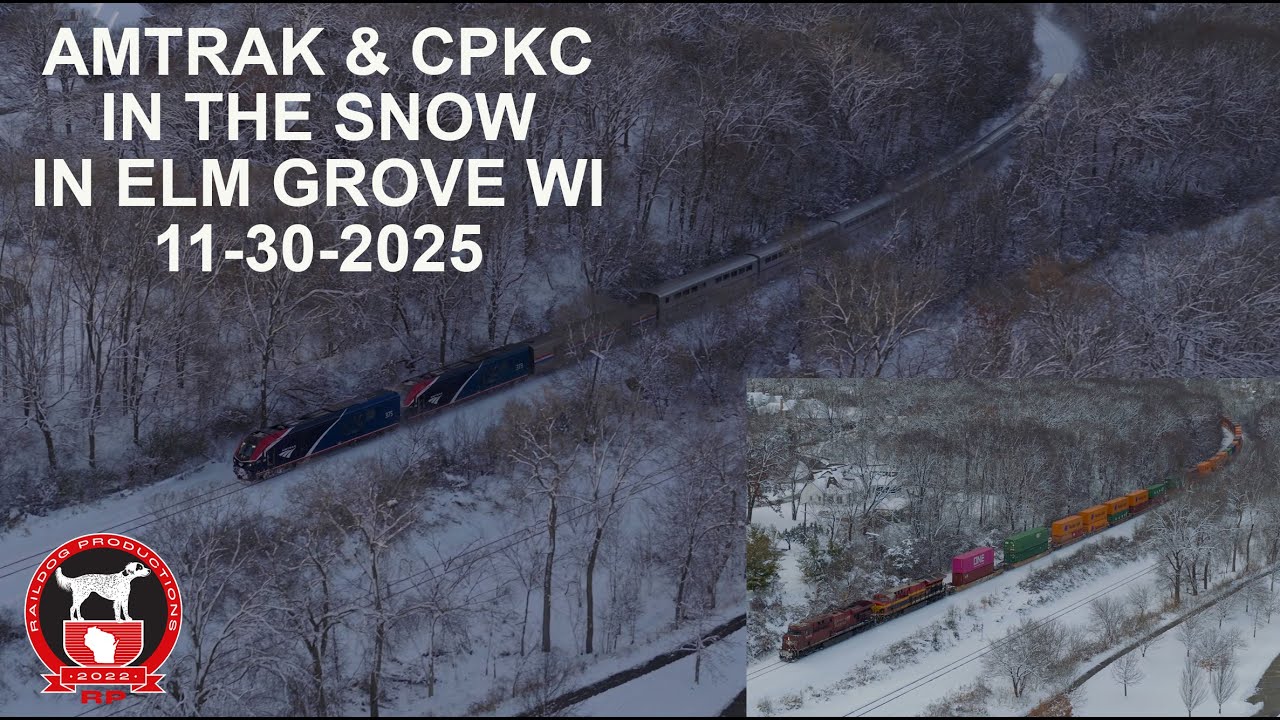 Amtrak And CPKC Trains In The Snow In The Village Of Elm Grove, WI 11-30-2025