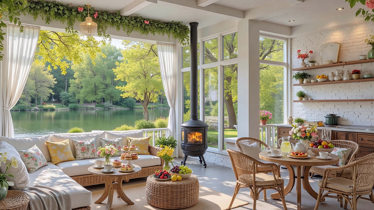 Soft Spring Piano Music for Stress Relief 🌸 Cozy Lakeside Cabin Ambience & Relaxing Music