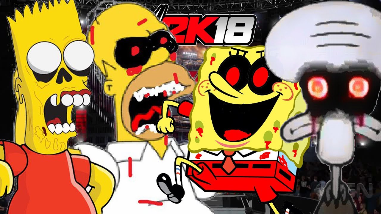 DEAD BART and EVIL HOMER vs SPONGEBOB.EXE and SQUIDWARD SUICIDE | WWE 2K18 Gameplay