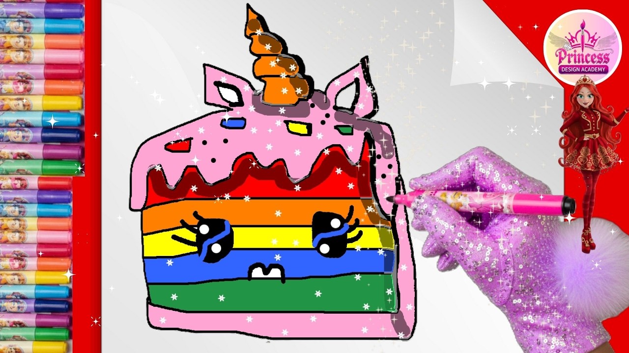 Как нарисовать милый блестящий кусочек торта в виде радужного единорога 🦄 — простой рисунок и рас...