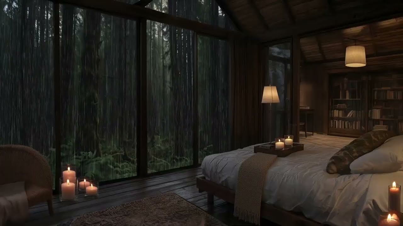 This Cozy Cabin Night Sounds Better with Rain on Leaves Outside
