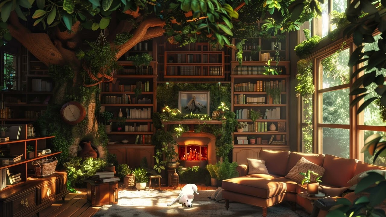 Cozy Morning Forest Ambience 🌿 Puppy Chewing Sounds • Gentle Fireplace• Relaxing Background ✨