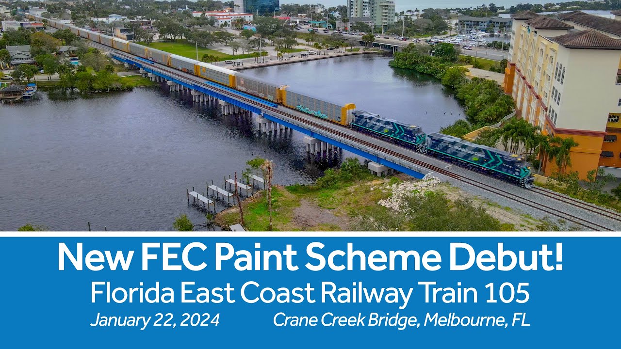 New FEC Paint Scheme Debut! Florida East Coast Railway Train 105 Crossing the Crane Creek Bridge