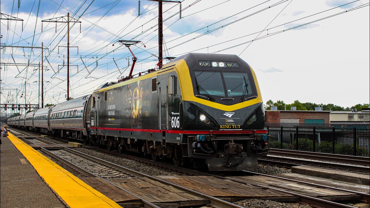 Full HD 60FPS: Two Fast Amtrak Trains at Jersey Avenue with King Tut Wrap and P42DC 108 7/31/22