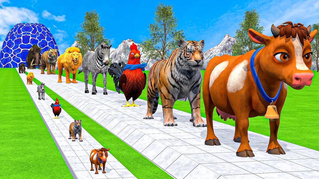 Long Slide Game With Cow Elephant Gorilla Hippopotamus Tiger - 3d Animal Game - Funny 3d Animals