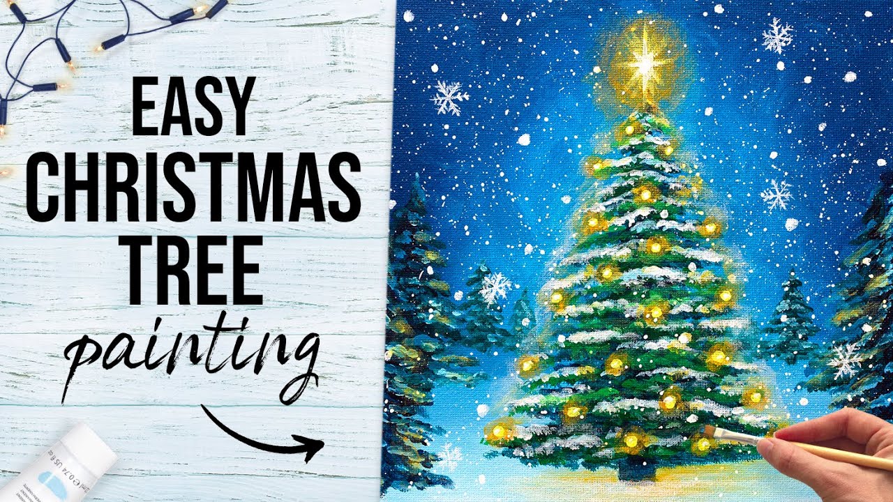 EASY Christmas Tree Painting in Acrylics | How to Paint a Glowing Christmas Tree