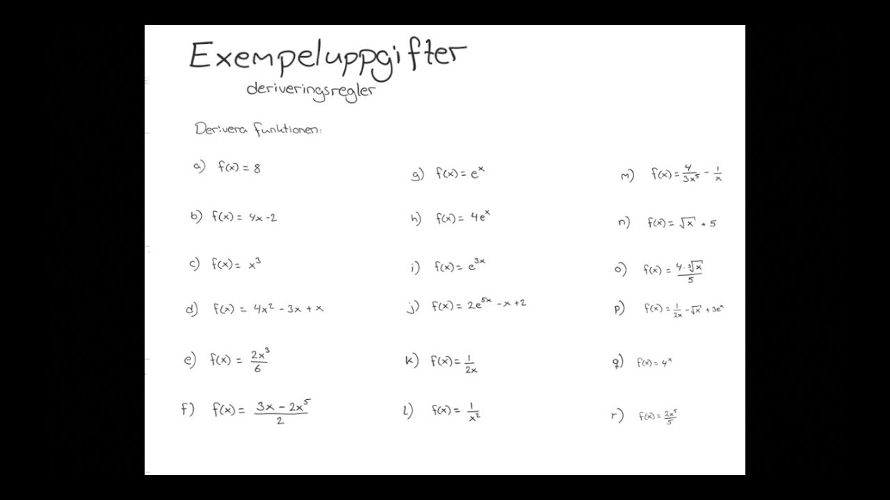Matematik 3: DERIVERINGSREGLERNA -  Sammanfattning samt många exempeluppgifter
