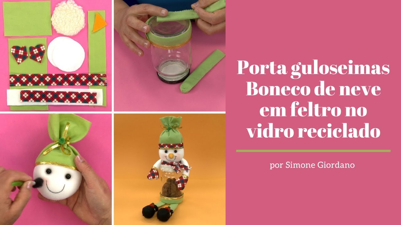 Porta guloseimas Boneco de neve em feltro no vidro reciclado - por Simone Giordano