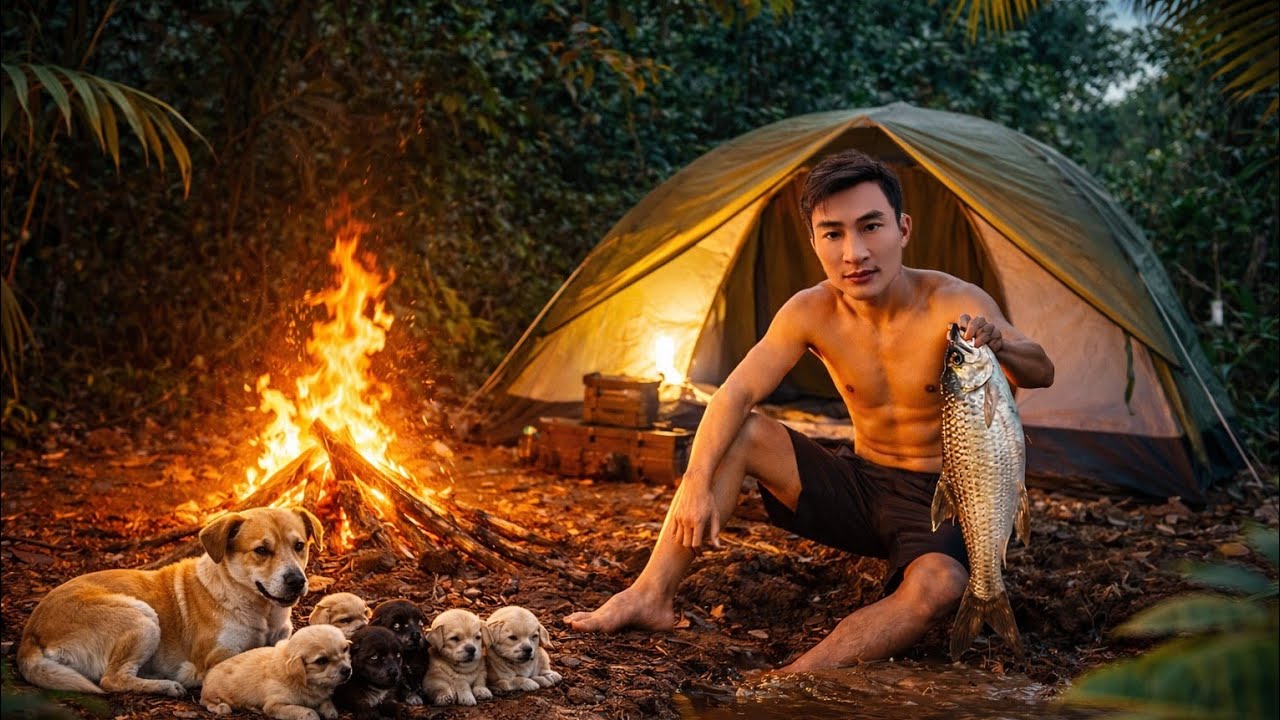 Solo survival camping in the jungle | Catch & Cook with dogs