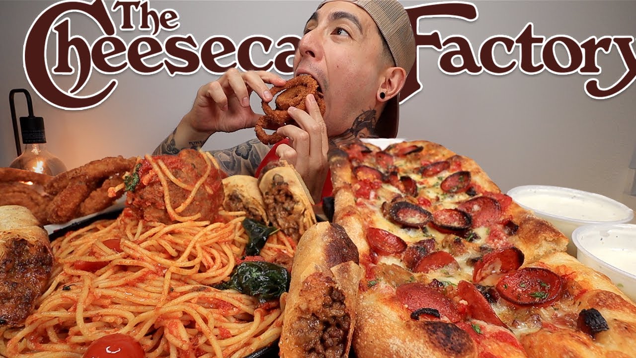 MUKBANG EATING THE CHEESECAKE FACTORY SPAGHETTI & MEATBALL, LOADED PIZZA, CRISPY ONION RINGS | RANCH