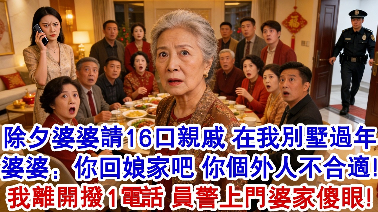 除夕夜婆婆請來16口親戚，在我的別墅裏過年。婆婆：你做完飯就回娘家吧，我們一家團圓，你一個外人不合適！我扭頭就走，撥通1電話。15分鐘後，員警上門婆家傻眼了！#家庭故事 #生活經驗 #為人處世