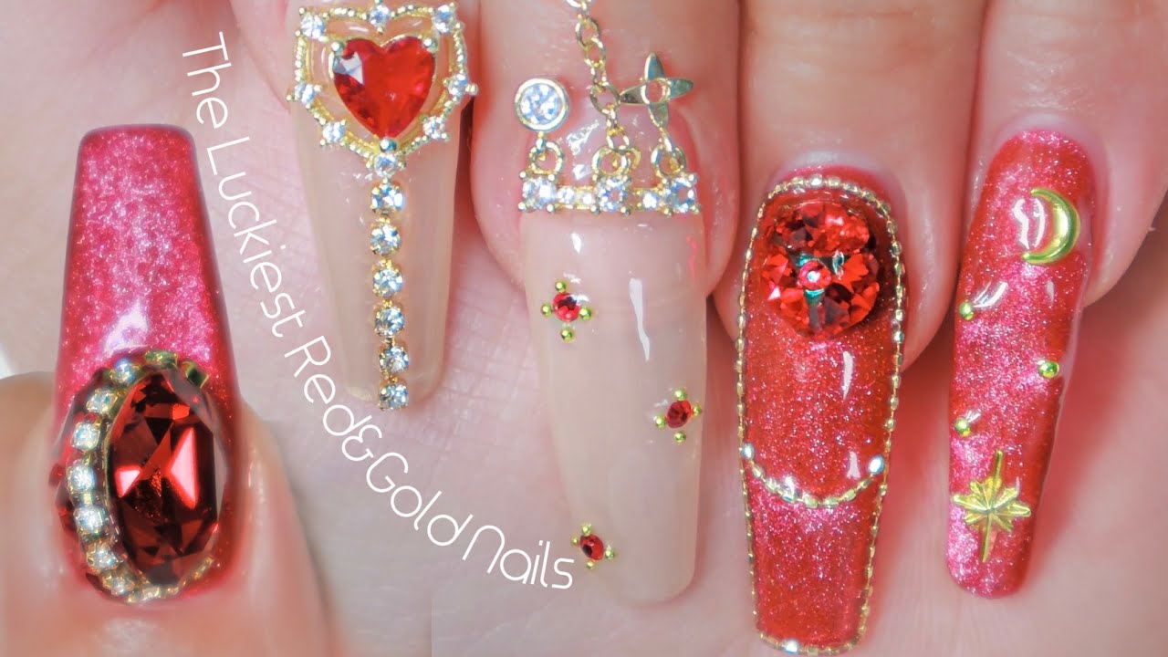 The Luckiest Red&Gold Nails for 2026 ❤️✨ | ASMR | Gel Nail Extension | Self Nails