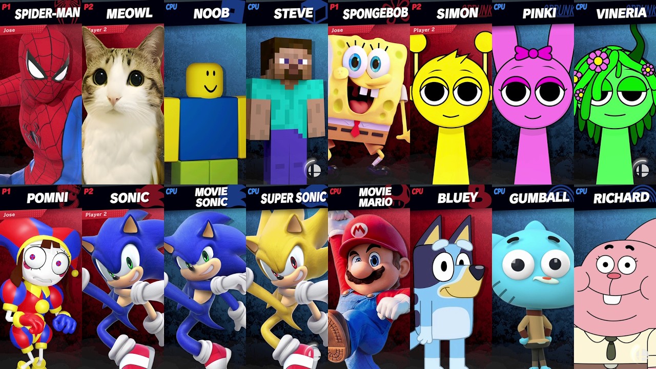 Sonic vs Mario vs Spider-Man vs Bluey vs Roblox vs Minecraft vs Brainrot | Super Smash Bros Ultimate