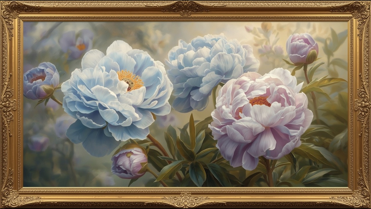 Vintage Pastel Peonies Oil Painting | Elegant Gold Frame | Timeless Floral Art| TV Screensaver 4K