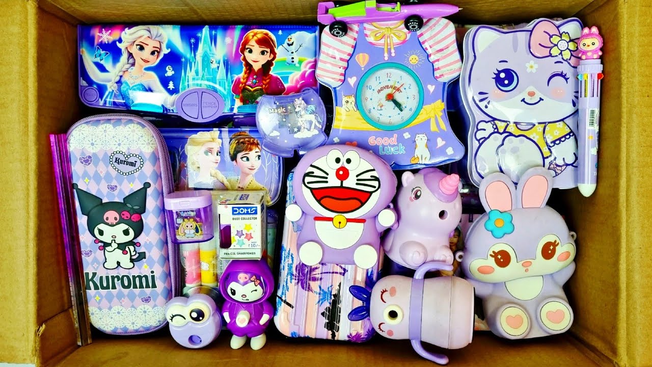 Unboxing Purple Stationery, Magic Eraser, Sharpener, Money bank, Pen, Erasner, Pencil Case. Pouch,