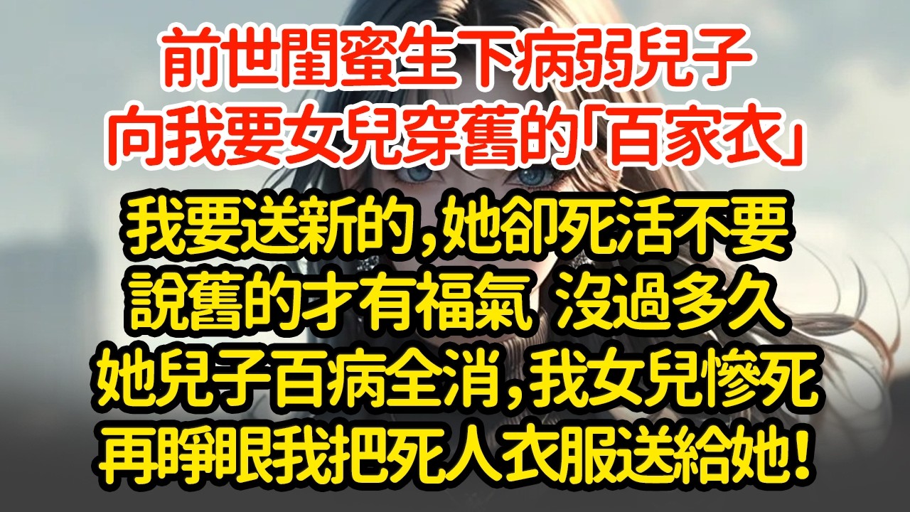 前世閨蜜生下病弱兒子，向我要女兒穿舊的「百家衣」我要送新的，她卻死活不要說舊的才有福氣   沒過多久她兒子百病全消，我女兒慘死再睜眼我把死人衣服送給她！