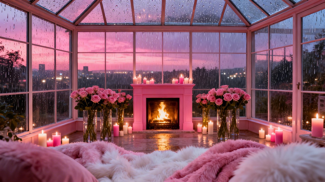 💗🌧 Pink Rainy Night ✨ Cozy Fireplace & Relaxing Rain Ambience