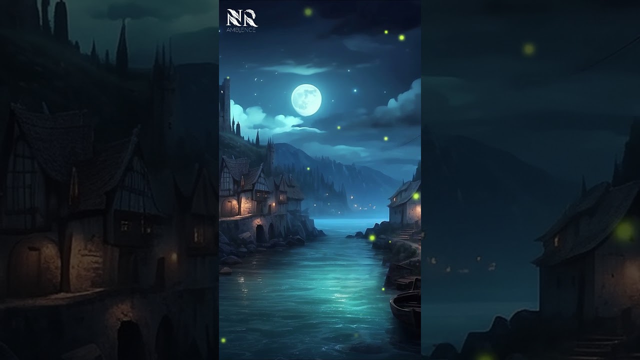 🏞️ Medieval Fishing Village Night Ambience with Crickets & Gentle Waves  Relaxing Sleep Sounds 🌊
