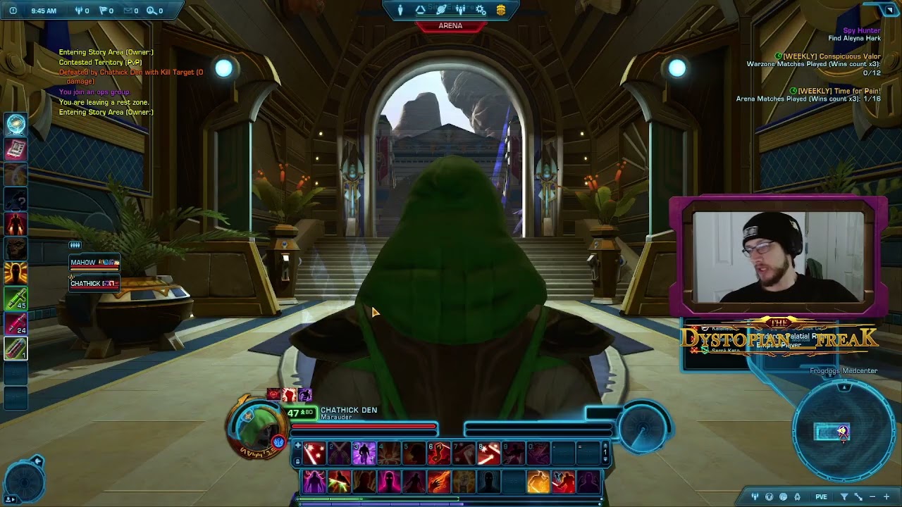 Dark Jedi Knight story run. PVE/PVP on the sides. Grab some caf and talk SW with me.
