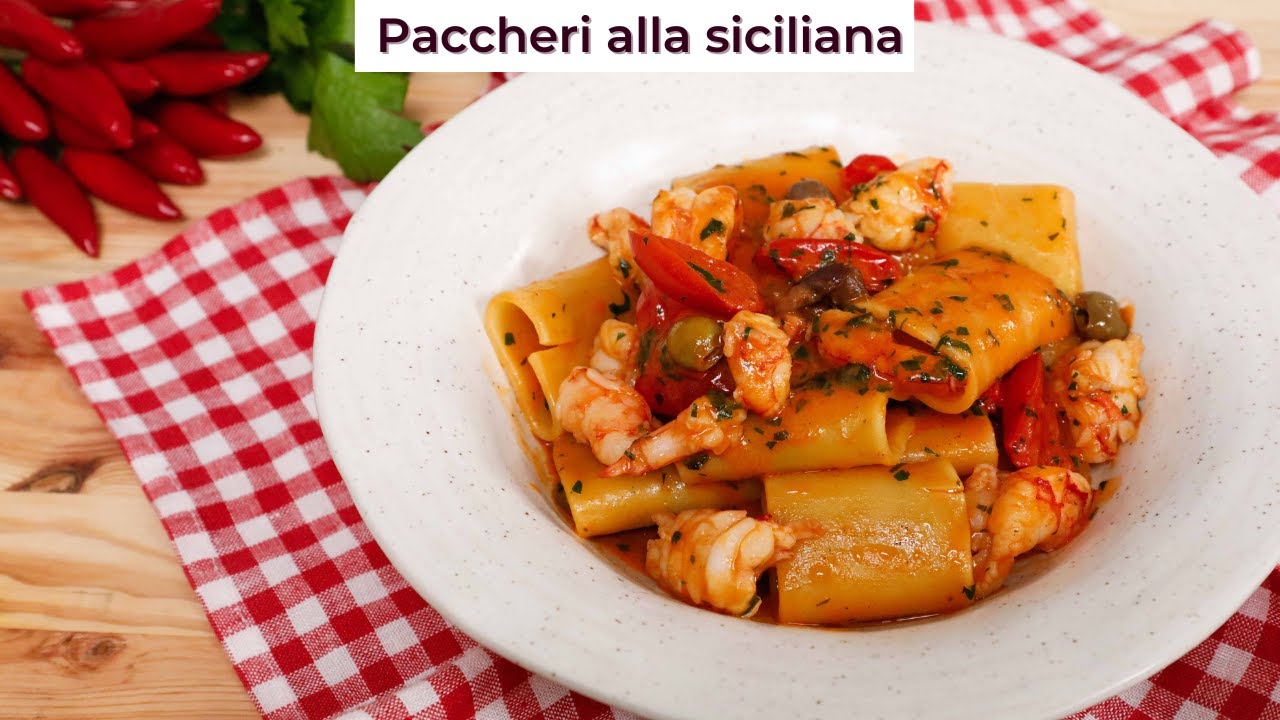 Paccheri alla siciliana con gamberi, pomodorini e olive taggiasche - ricetta veloce e gustosa
