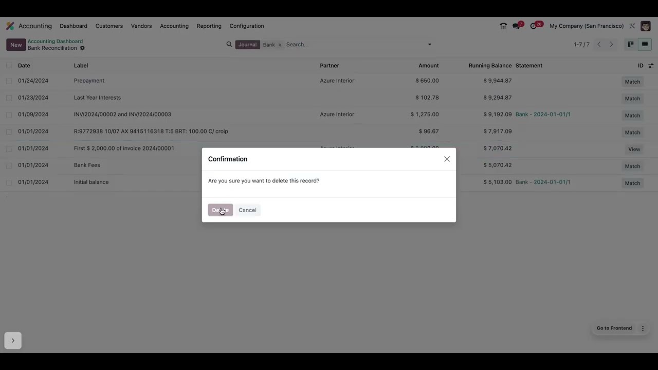 Delete bank transactions in Odoo 17