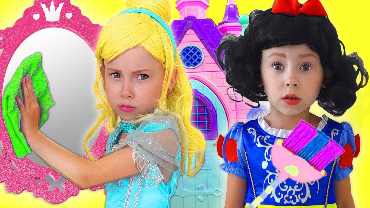 Kids Makeup Disney Princesses Pretend Play with Cleaning Toys & Real Princess Dresses