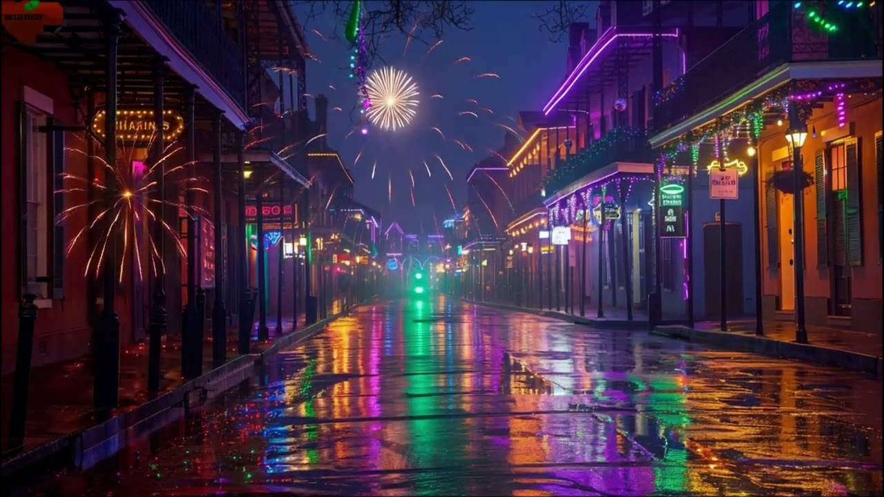 Mardi Gras Bourbon Street Night Ambience 🎭 Fireworks & Party Vibes | New Orleans